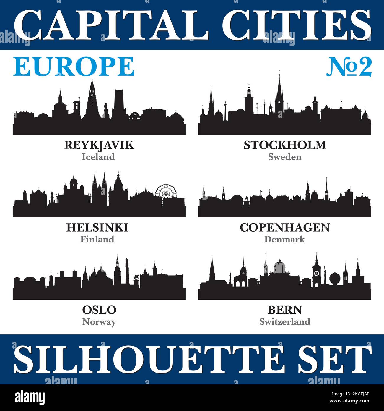 Capital cities skyline set. Europe. Vector silhouette background illustration. Stock Vector