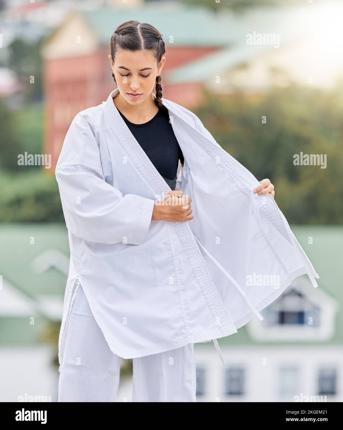 Karate woman, martial arts uniform and fighter ready for a professional competition tournament with focus, honor and discipline. Judo, sports self Stock Photo