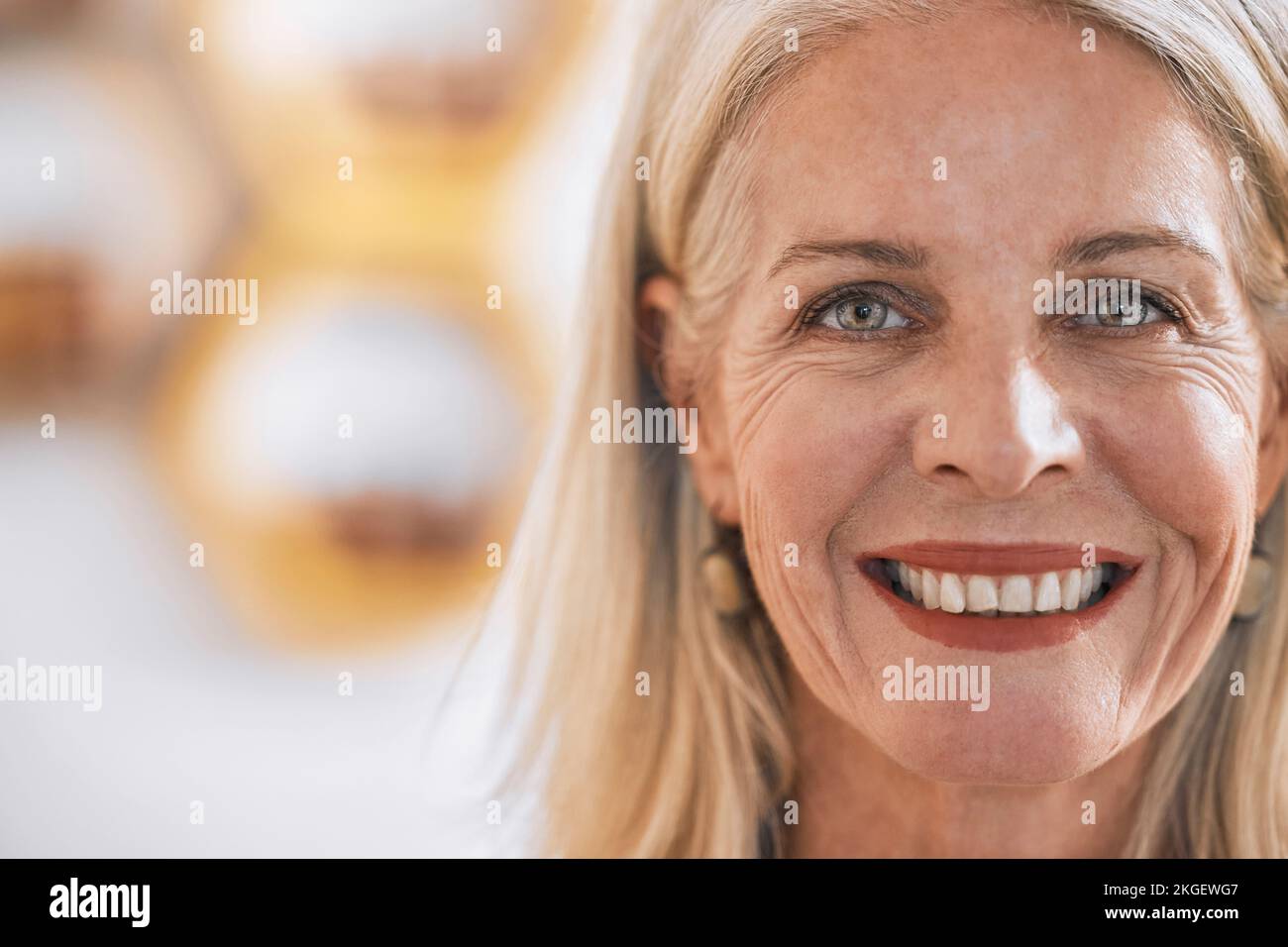 Senior, business woman and face portrait of a manager happy about company vision and mockup. Office leader, smile and elderly mentor smile about Stock Photo