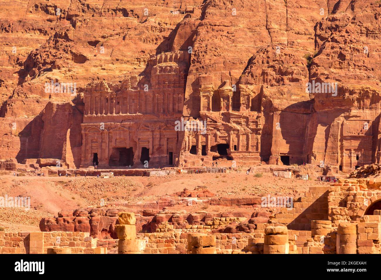 Petra, Jordan Tomb of Unayshu carved in red rock in the ancient city, aerial view Stock Photo