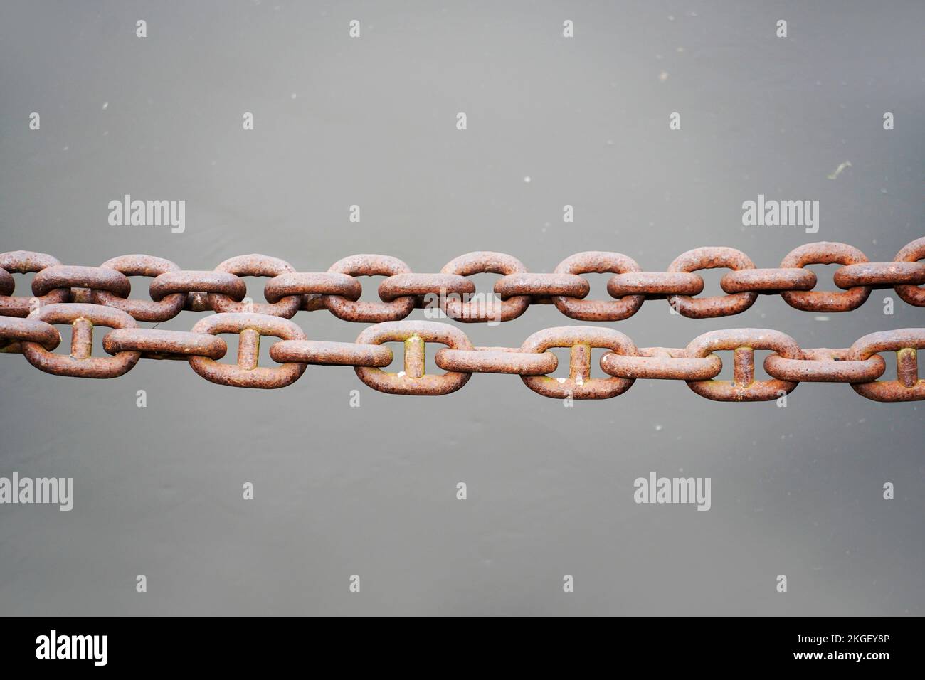 Rusty anchor chain against a gray background. Stock Photo