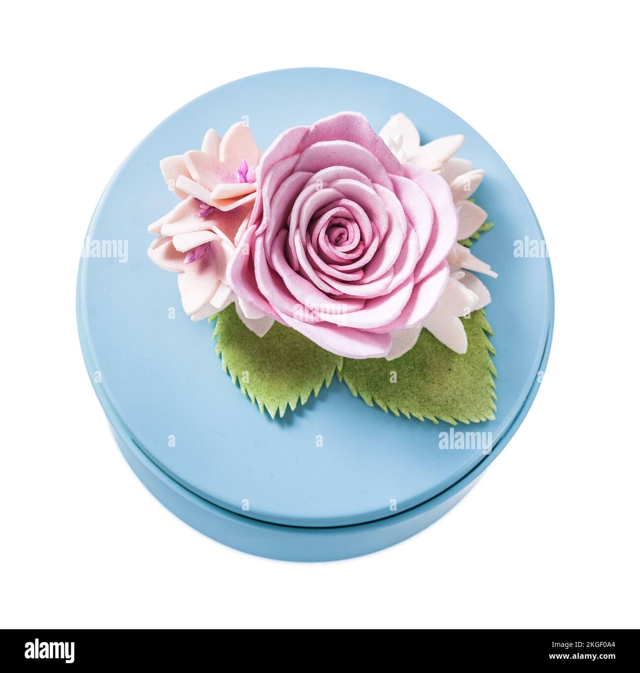 Round blue present box isolated on white Stock Photo - Alamy