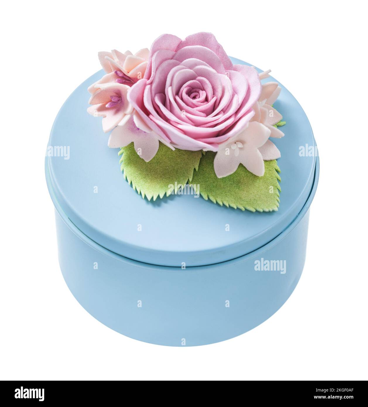 Round blue gift box isolated on white. Stock Photo