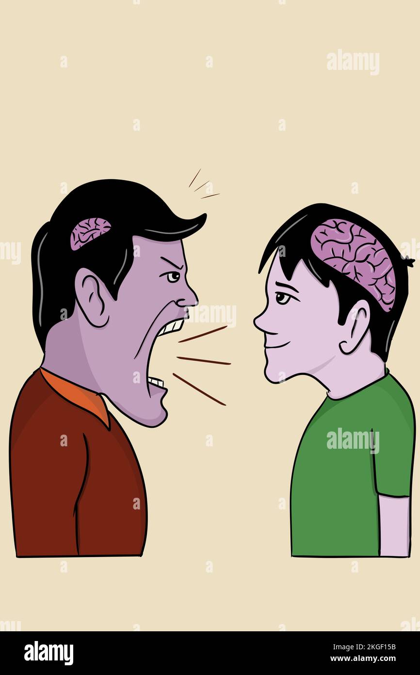 Man with small brain yells at quiet man with big brain. Illustration Stock Photo