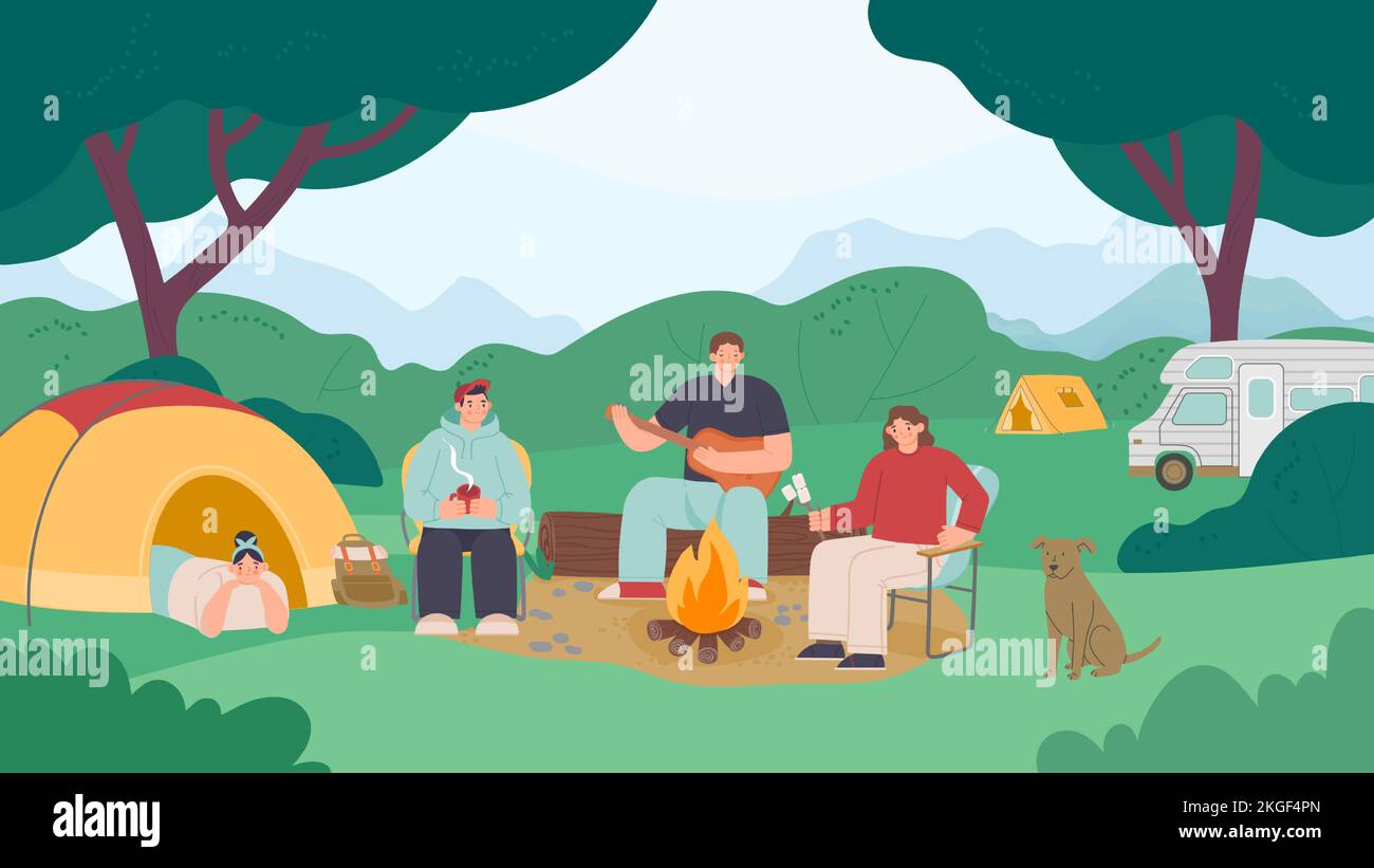 Camping people landscape. Family resting weekend with bbq and fireplace Stock Vector