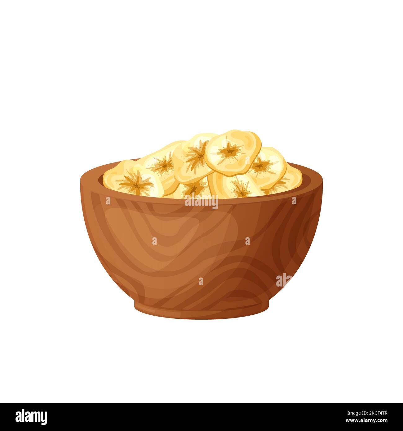 Banana chips dried fruit snack in wood bowl. Round isolated slices