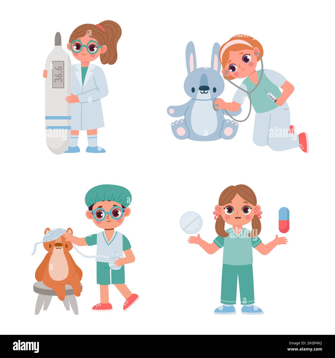 Cartoon kids doctors cure and check with thermometer Stock Vector