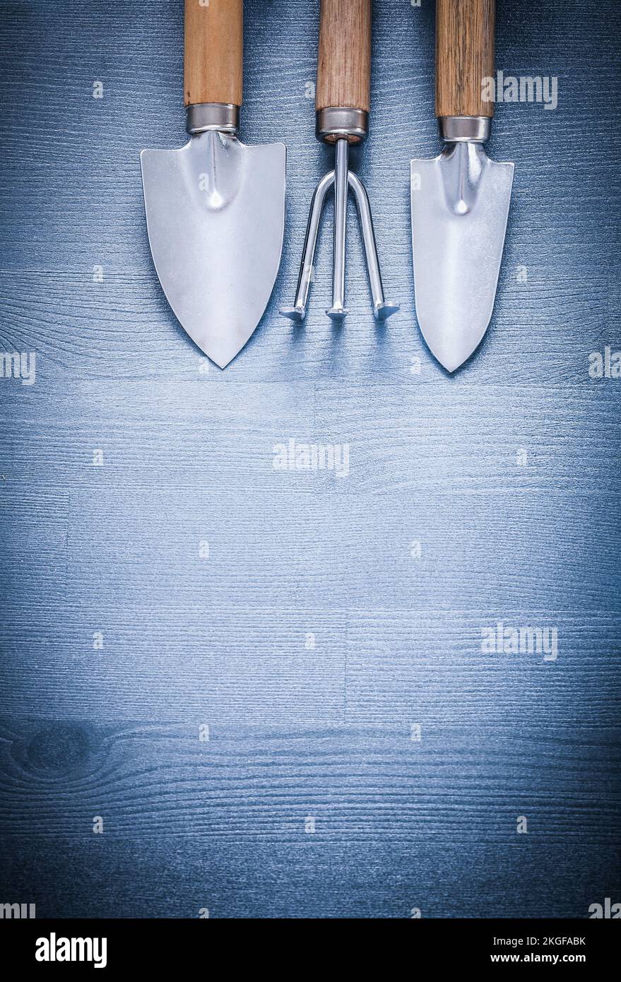 three garden hand tools fork and spades Stock Photo Alamy