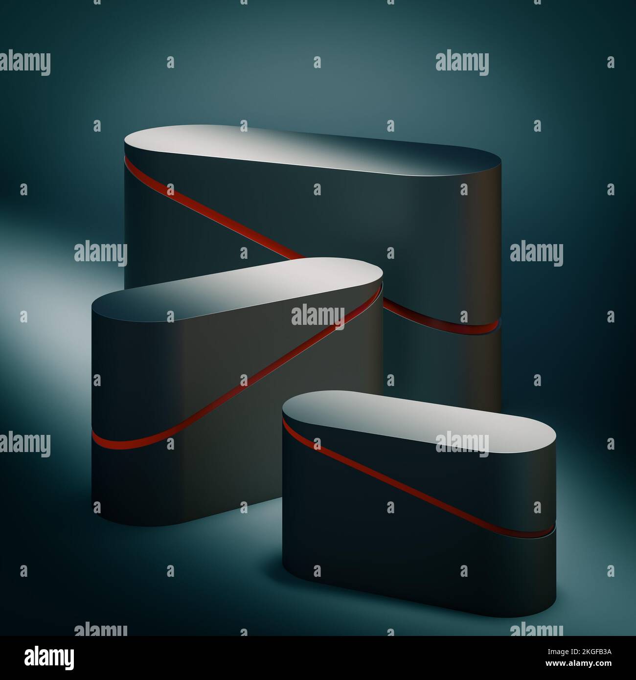 dark podiums with elliptical section with red line. 3d render Stock Photo