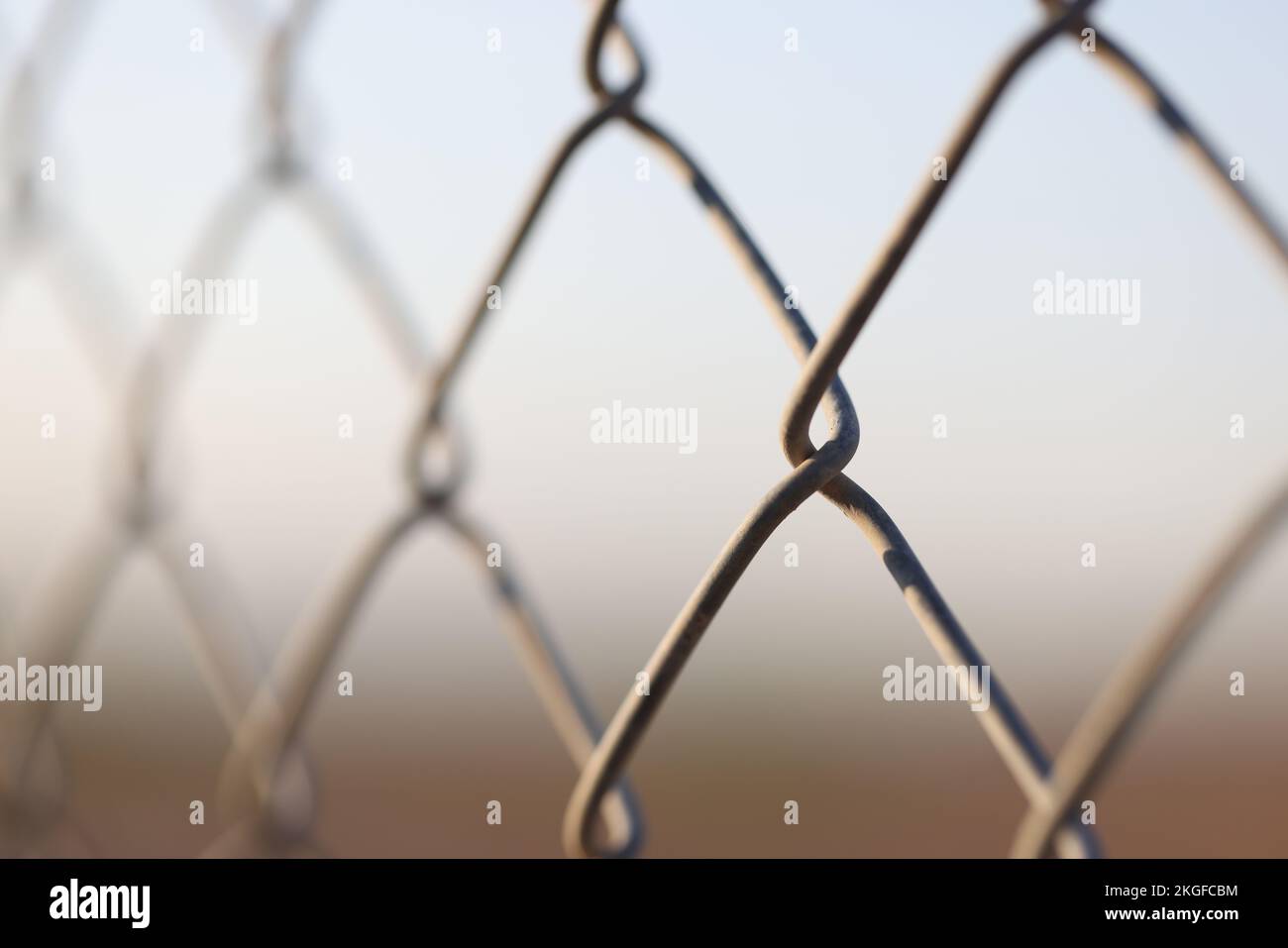 Metal chain links wire-mesh rabitz on blurred background Stock Photo
