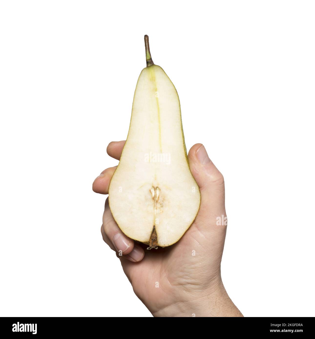 A pear cut in the hands on a transprent background Stock Photo