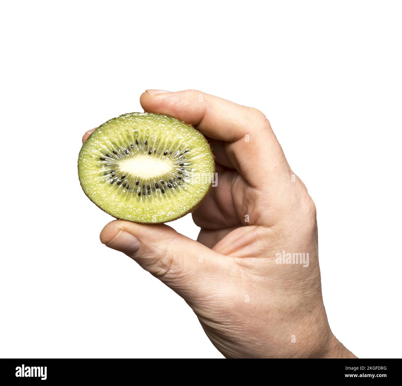 a kiwi cut in hand on a transparent background Stock Photo