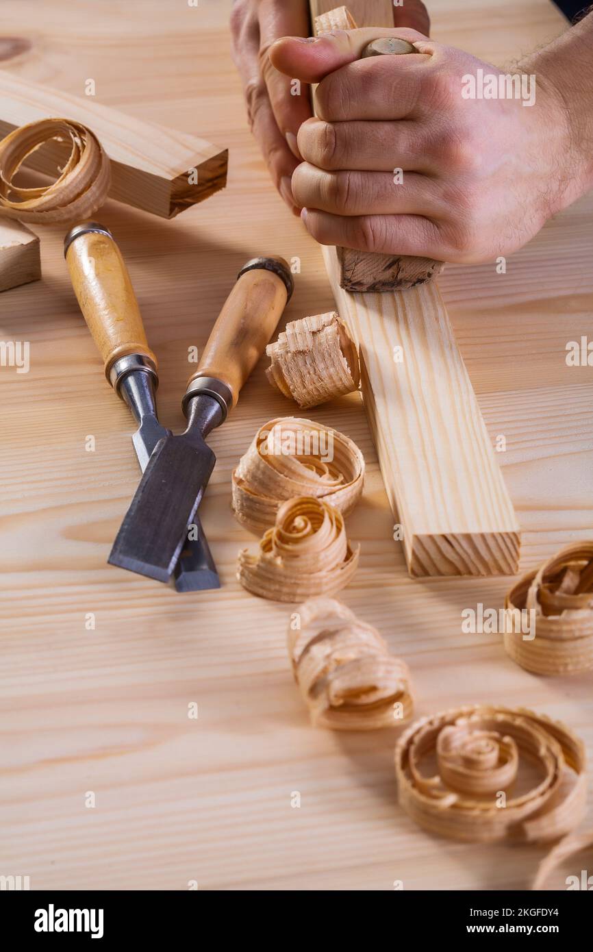 Closeup Chisel Carpentry Joinery Hand Cutting Stock Photo 2195172735