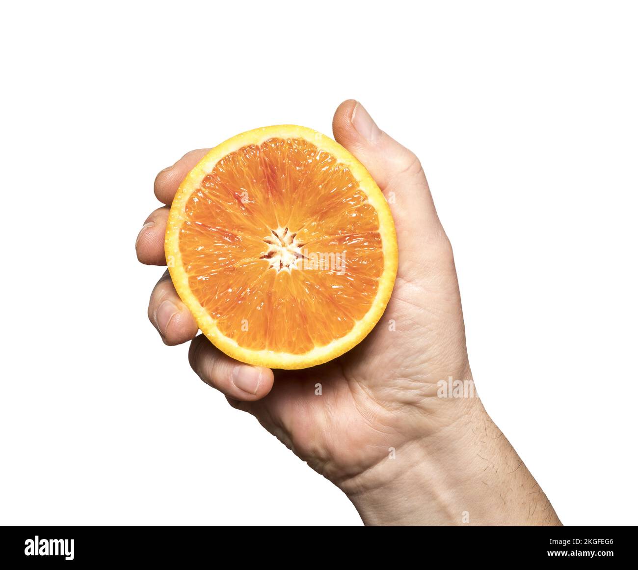a cut orange in hand on a transparent background Stock Photo