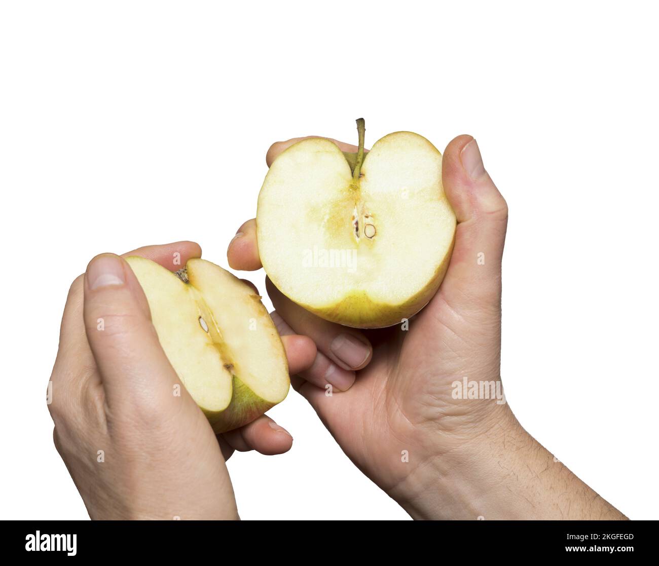 An apple cut in hand  on a transprent background Stock Photo