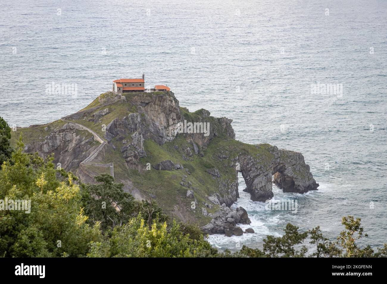 Aerial view of Island (Islet) and the Gaztelugatxe temple in twilight.  Bermeo, Basque Country (Spain). Dragonstone. Stock Photo