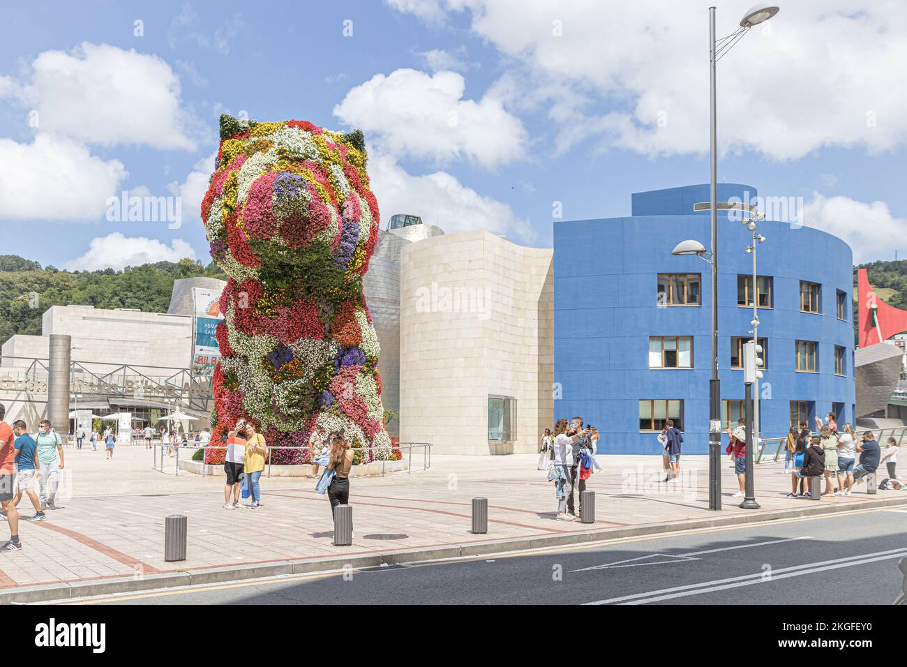 BILBAO, SPAIN-AUGUST 8, 2021: Sculpture Puppy by Jeff Koons in front of the Guggenheim Museum Bilbao Stock Photo
