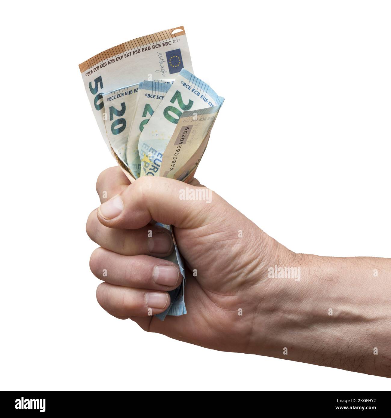 some euro banknotes tightened in the hand on a trasparent background Stock Photo