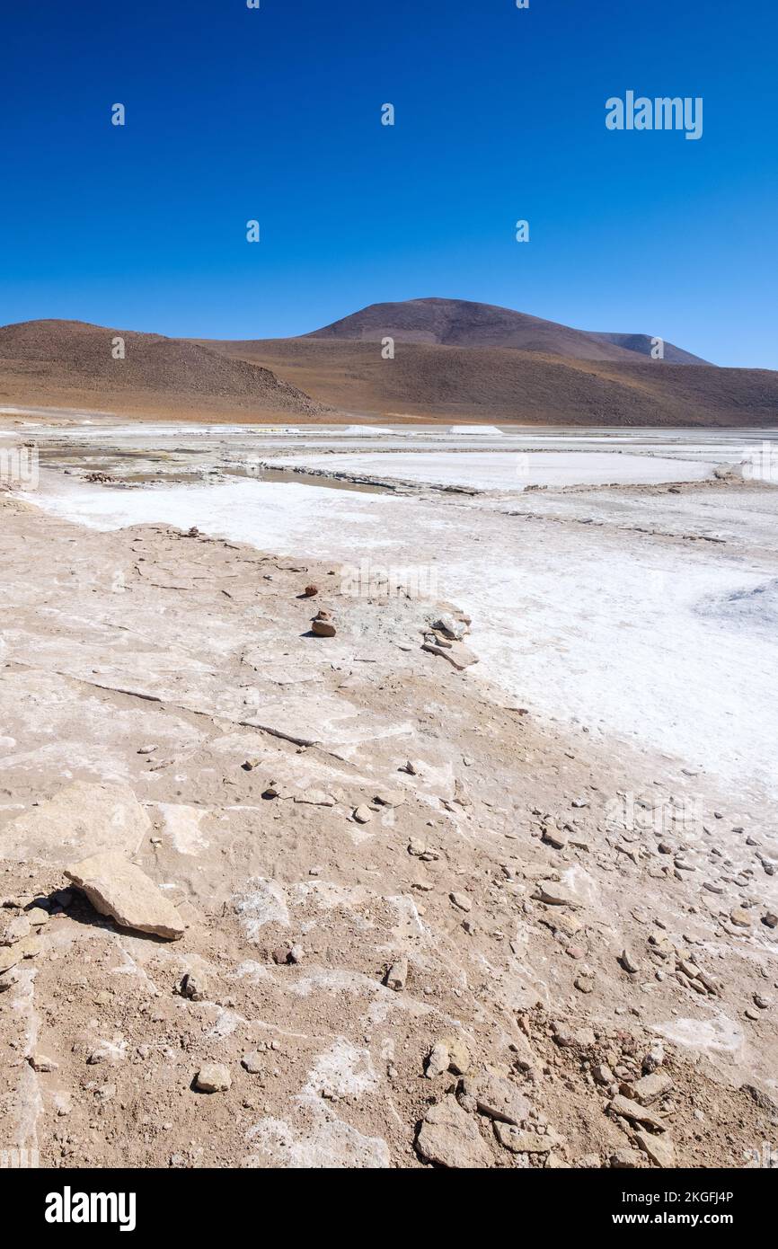 Borax mining on Salar de Chalviri (Chalviri Salt Flat) in Eduardo Avaroa Andean Fauna National Reserve, Sur Lípez Province, Bolivia Stock Photo