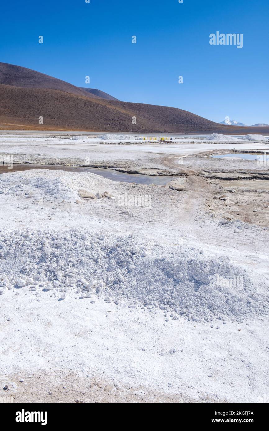 Borax mining on Salar de Chalviri (Chalviri Salt Flat) in Eduardo Avaroa Andean Fauna National Reserve, Sur Lípez Province, Bolivia Stock Photo