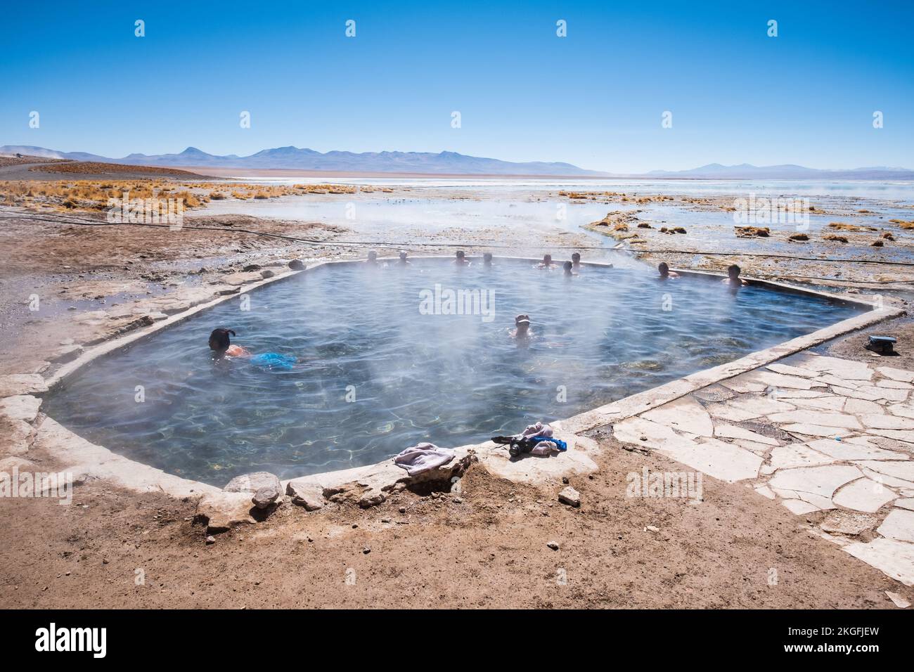 Tourists bathing at Termas de Polques (Polques Hot Springs) in Eduardo