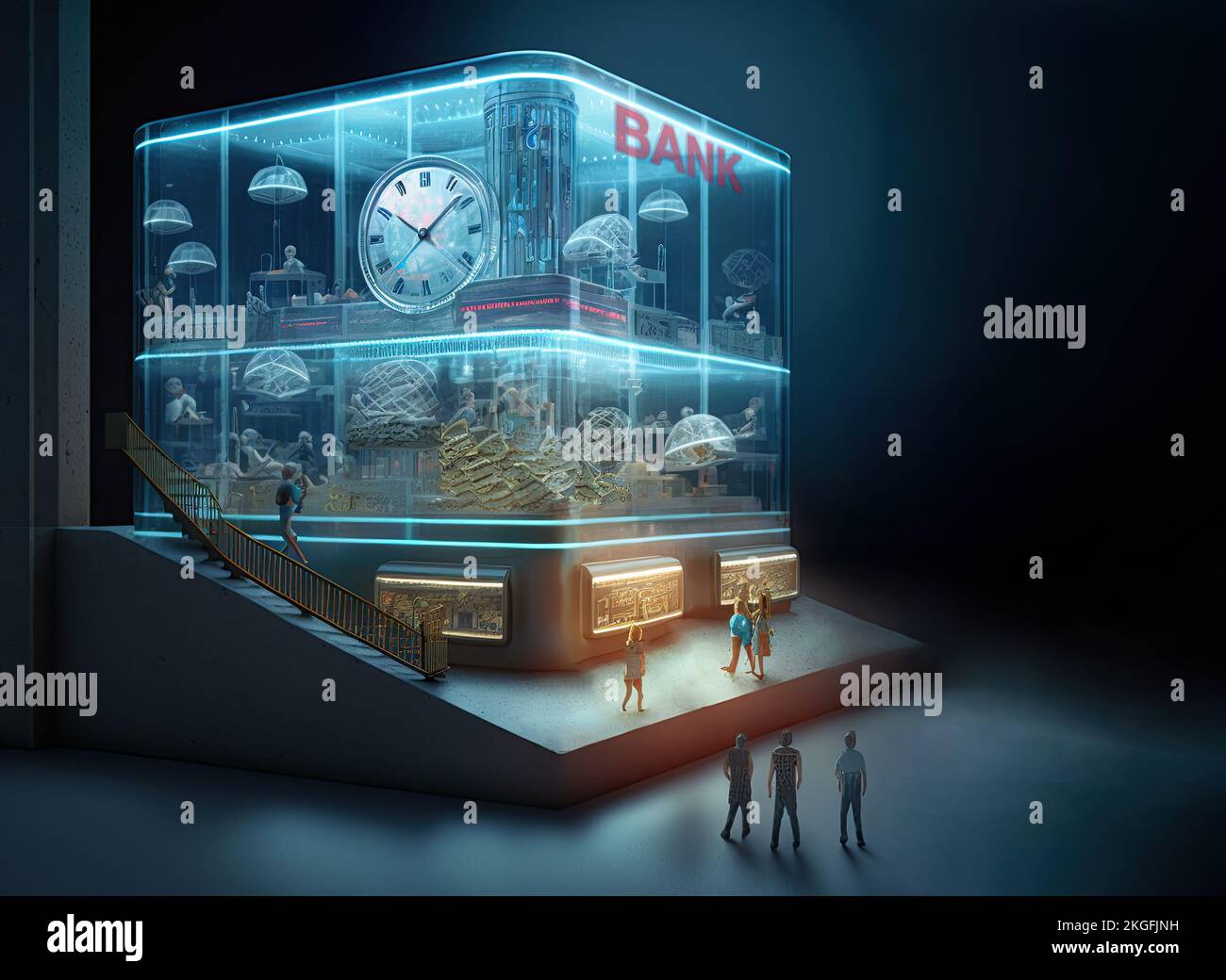 Isometric glass box with office workers and clients using bank