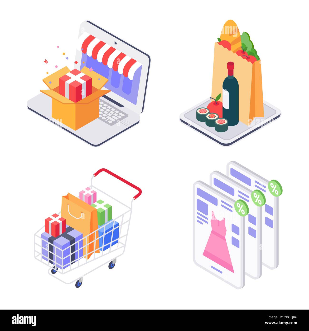 Isometric shopping concept, online order food and clothers Stock Vector