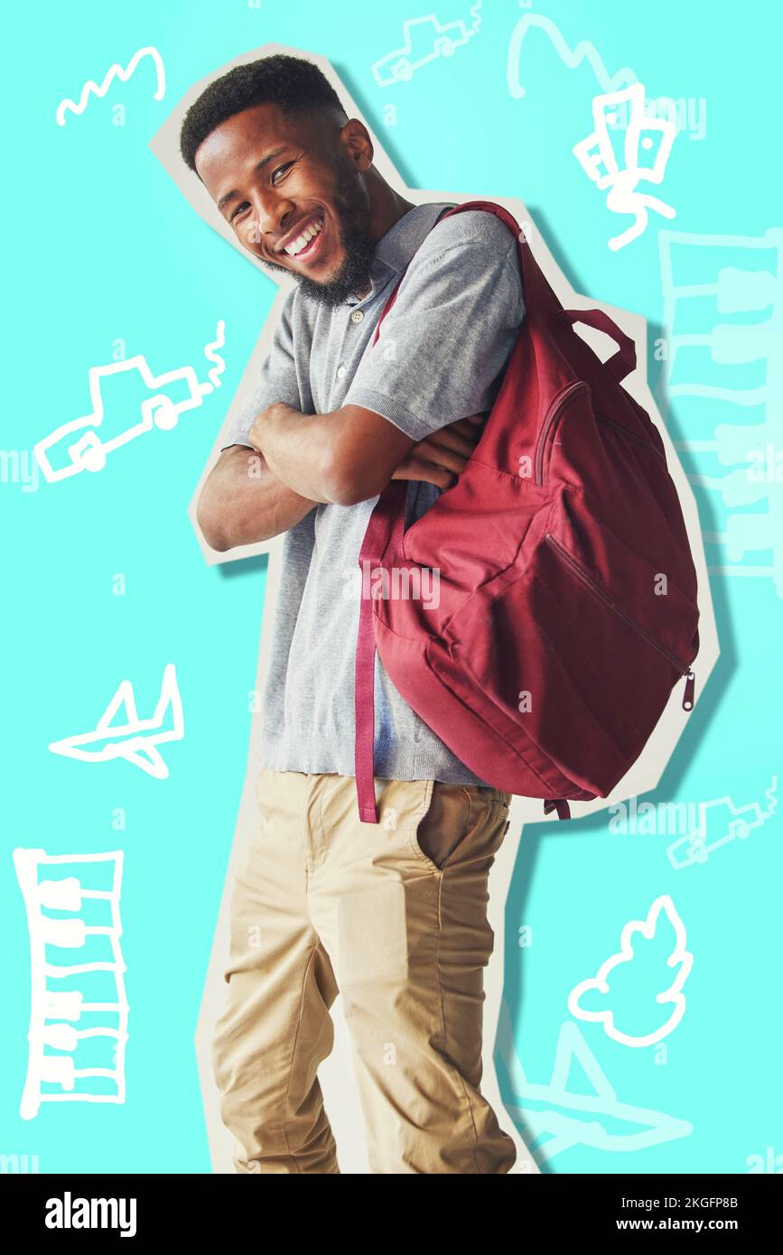 Happy, education and graphic design college student with scholarship exited for studying, back to school or learning. Success and African man in Stock Photo
