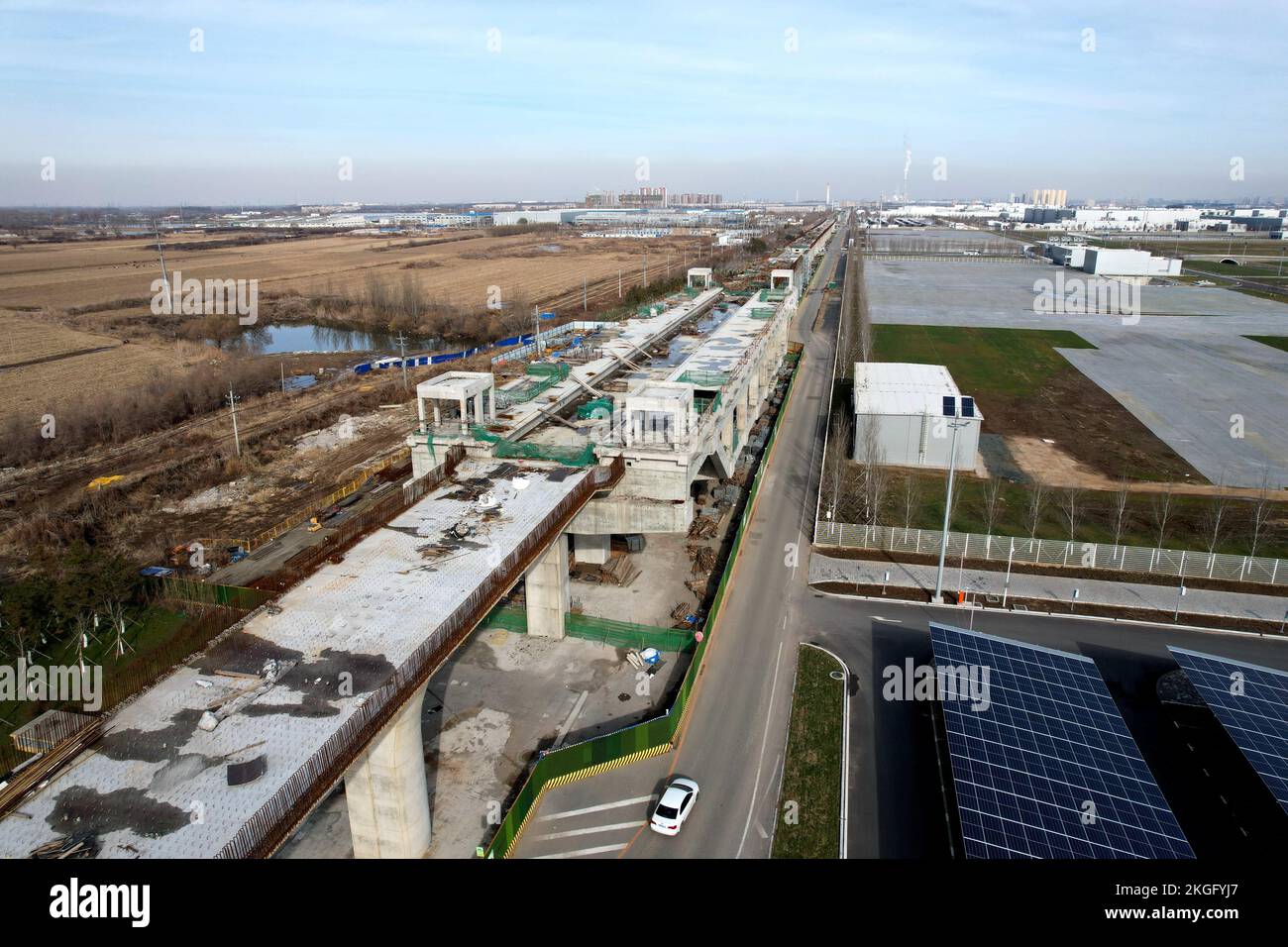 Aerial photo shows the elevated line and elevated station of Metro Line ...