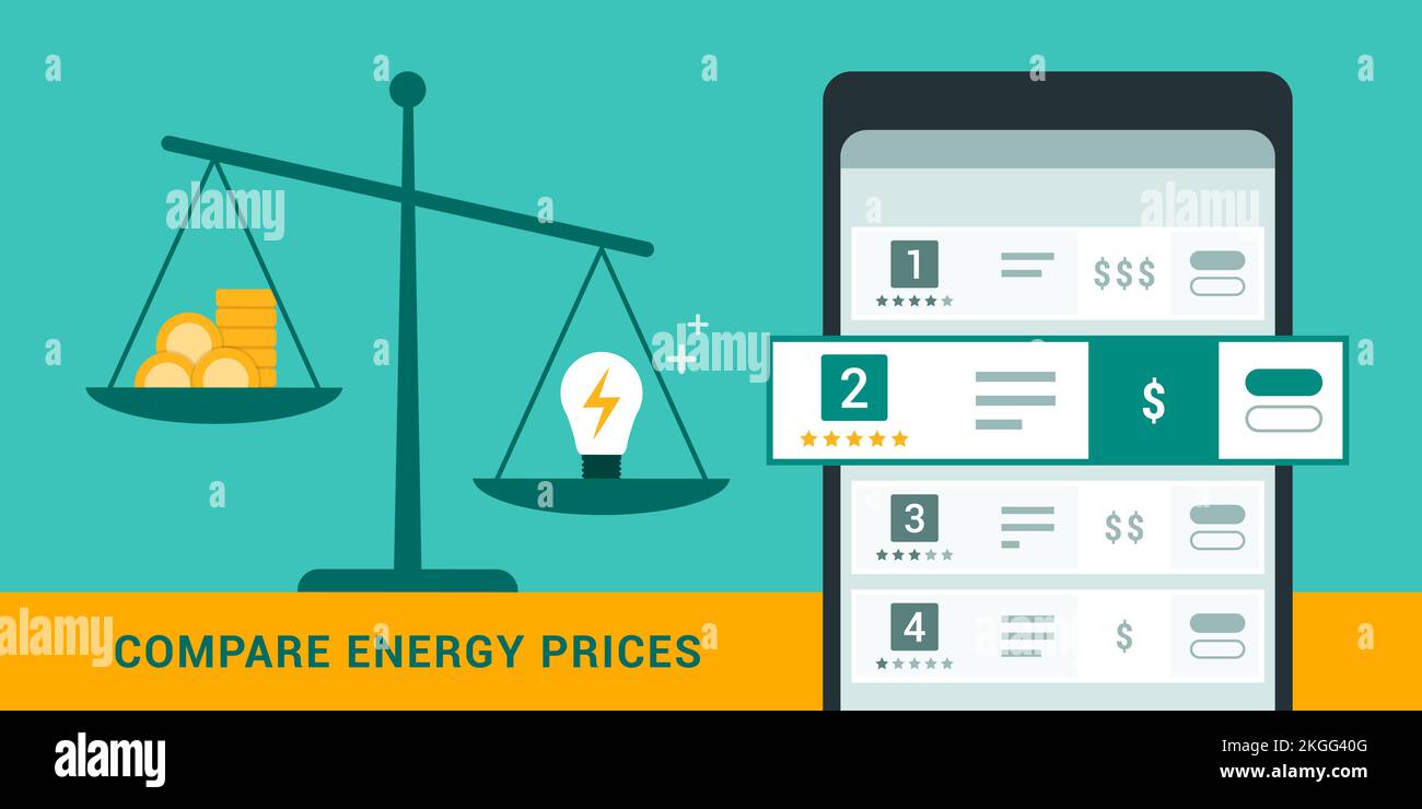 Compare energy prices and suppliers on smartphone app; scale with cash and lightbulb showing a great value offer Stock Vector