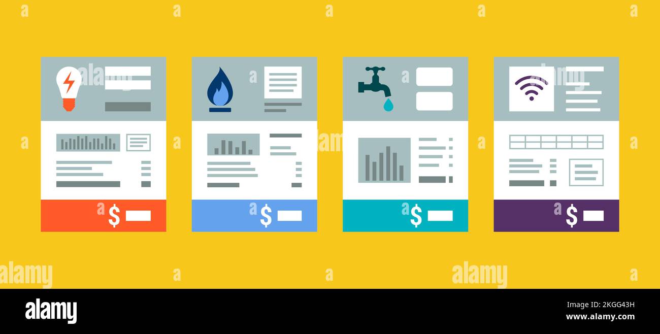 Utility bills statements: electricity, natural gas, water, internet and telephone Stock Vector