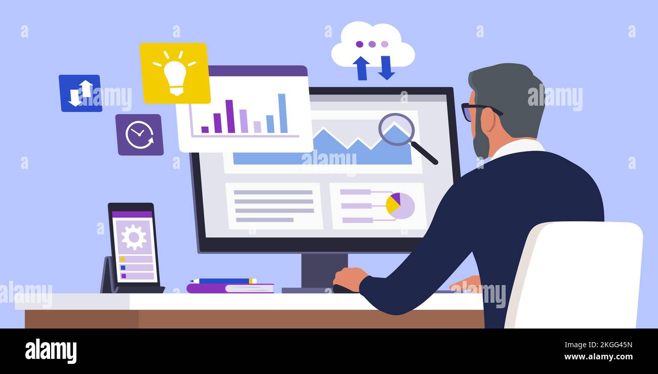 Senior businessman sitting at desk and working with his computer, he is checking financial charts, management and online banking concept Stock Vector