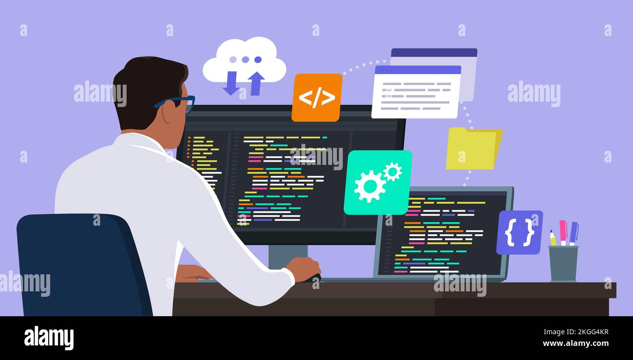 Professional developer and software engineer sitting at desk and working, he is checking the code and debugging Stock Vector