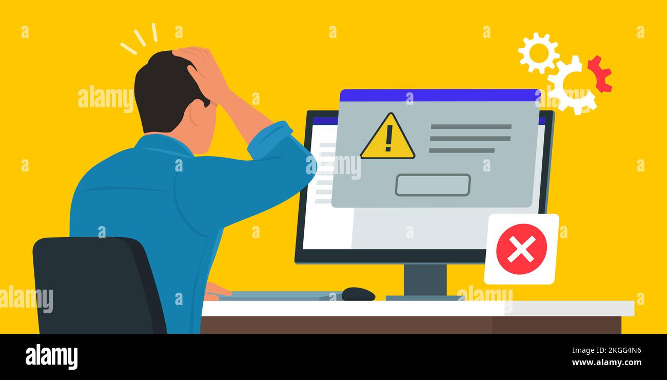 Man sitting at desk and using a computer, he receives an error message notification on a dialog box window Stock Vector