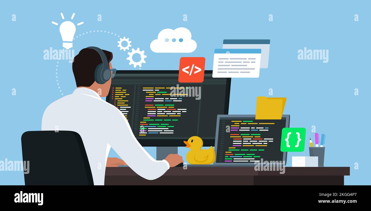 Professional developer and software engineer sitting at desk and working, he is checking the code and debugging Stock Vector