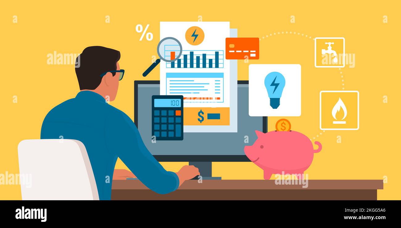 Man checking and paying utility bills online on his computer, he is checking the statement and saving money Stock Vector