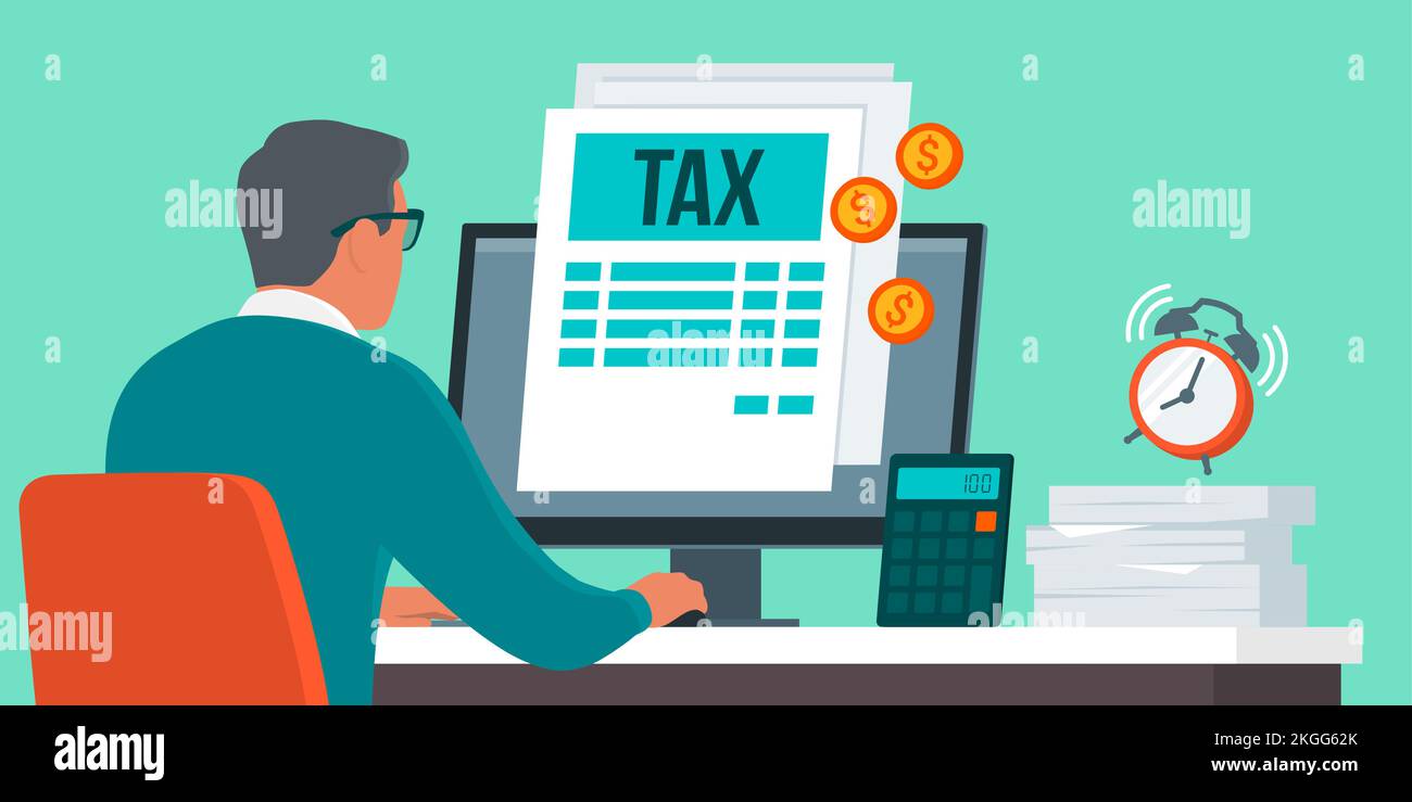 Businessman submitting the income tax return online, tax payment concept Stock Vector
