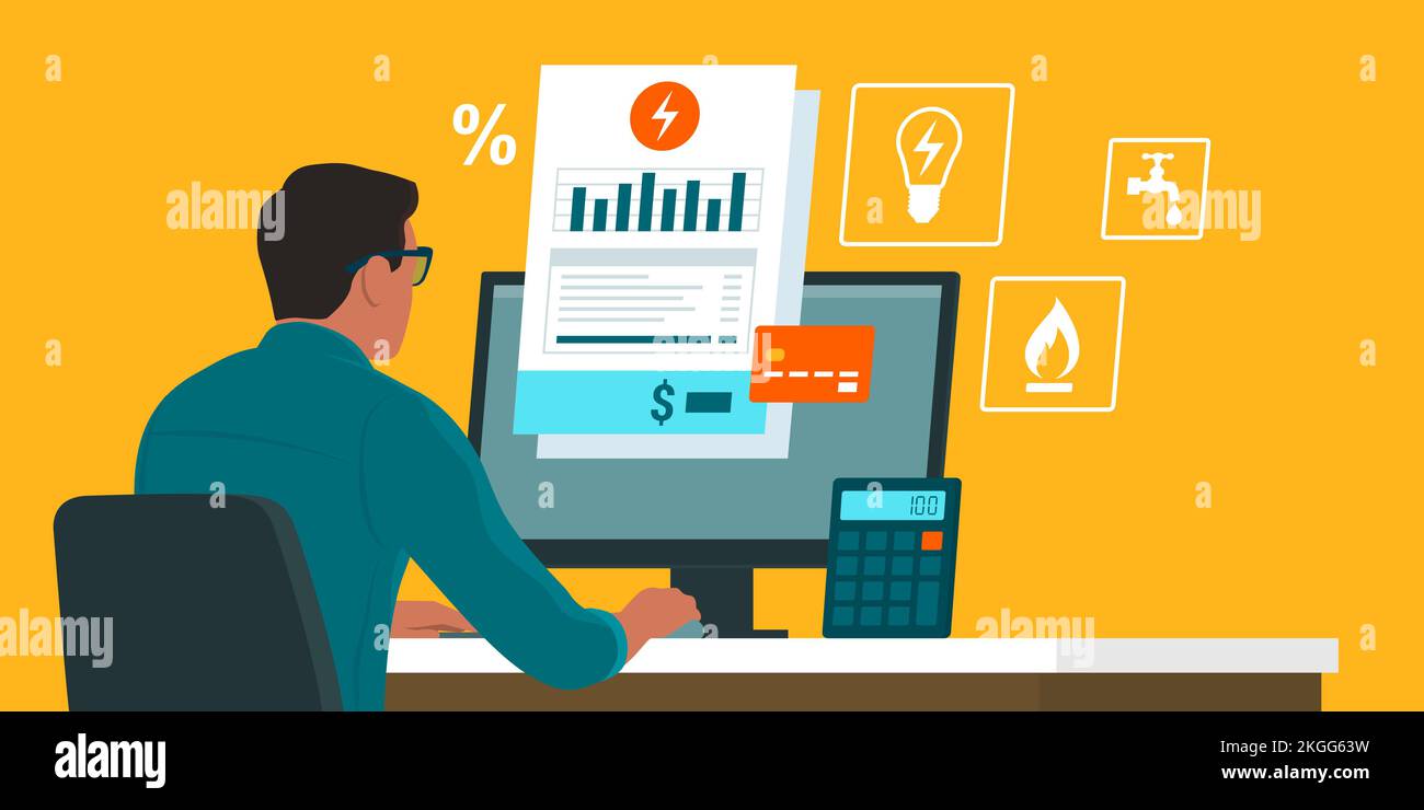 Man checking and paying his household utility bills online on the computer Stock Vector