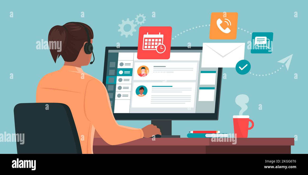 Professional virtual assistant sitting at desk and working with computer: she is talking with customers, sending e-mails and planning Stock Vector
