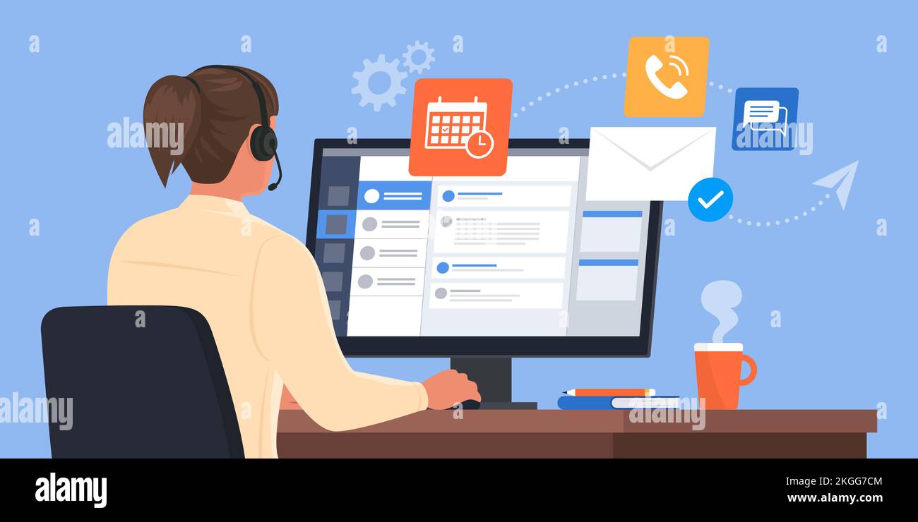 Professional virtual assistant sitting at desk and working with computer: she is talking with customers, replying to messages and planning Stock Vector