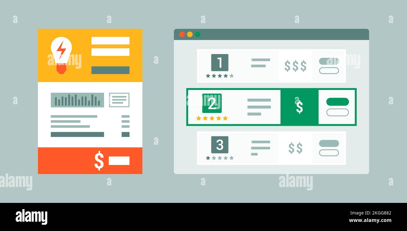 Compare energy prices and suppliers online, save money on household bills concept Stock Vector