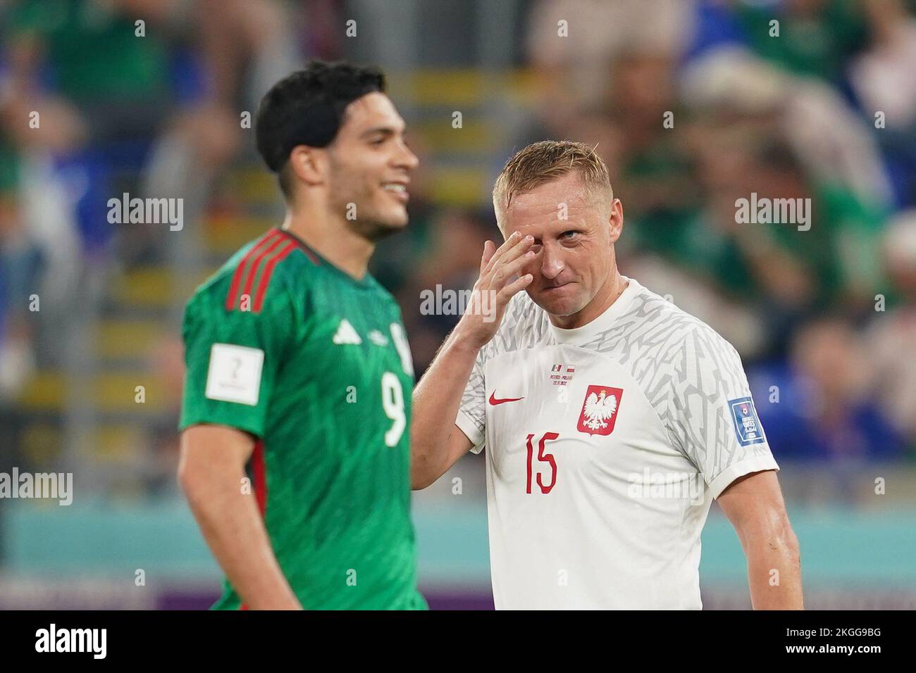 Doha, Qatar, 22nd November 2022.  Kamil Glik of Poland looks at Raul Jimenez of Mexico during the FIFA World Cup 2022 match at Stadium 974, Doha. Picture credit should read: Florencia Tan Jun / Sportimage Stock Photo