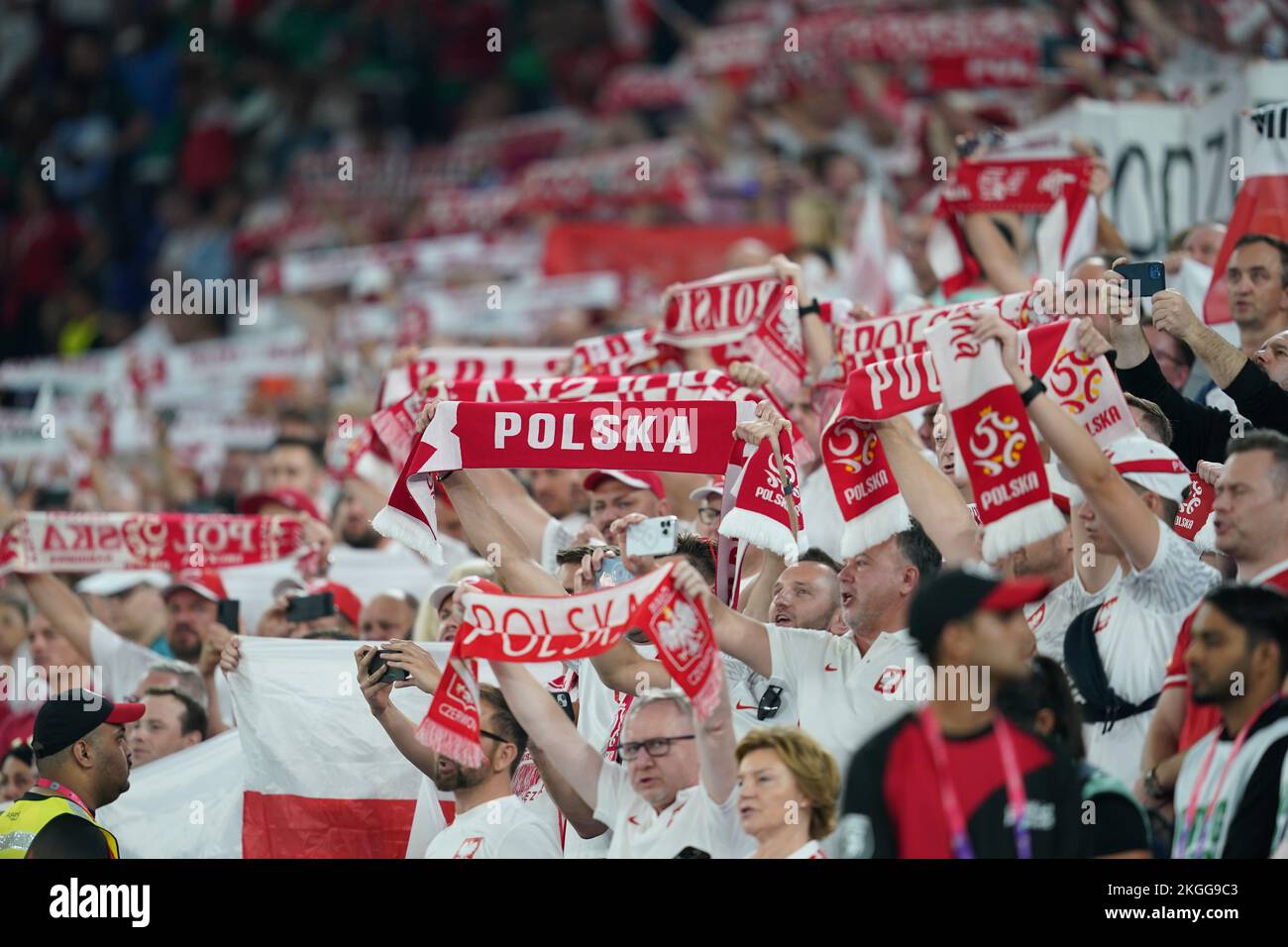 Doha, Qatar, 22nd November 2022.  Poland supporters during the FIFA World Cup 2022 match at Stadium 974, Doha. Picture credit should read: Florencia Tan Jun / Sportimage Stock Photo