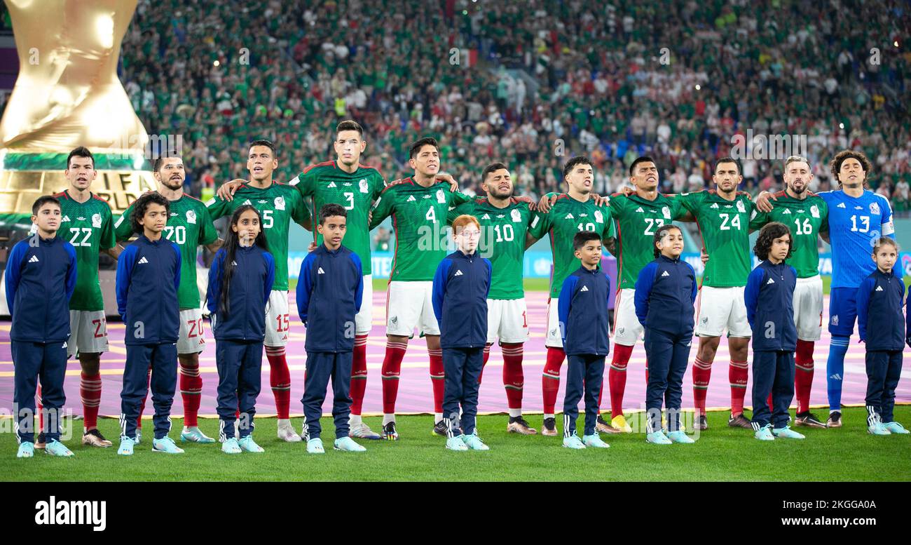 Doha, Qatar, 22nd November 2022. The Mexico team line up to sing their national anthem during the FIFA World Cup 2022 match at Stadium 974, Doha. Picture credit should read: Florencia Tan Jun / Sportimage Stock Photo