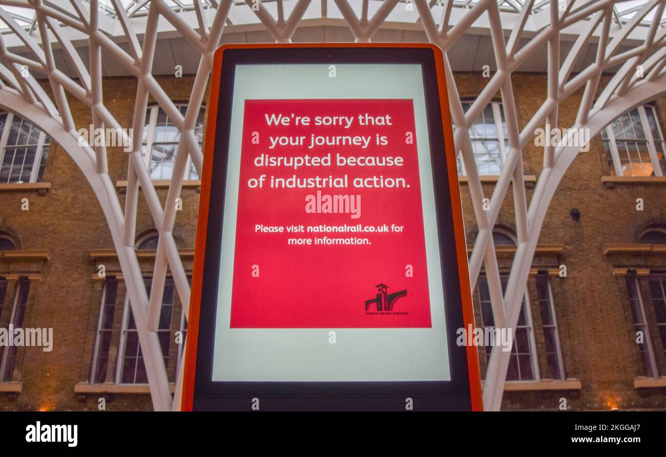 London, UK. 27th July 2022. A sign at King's Cross Station informs