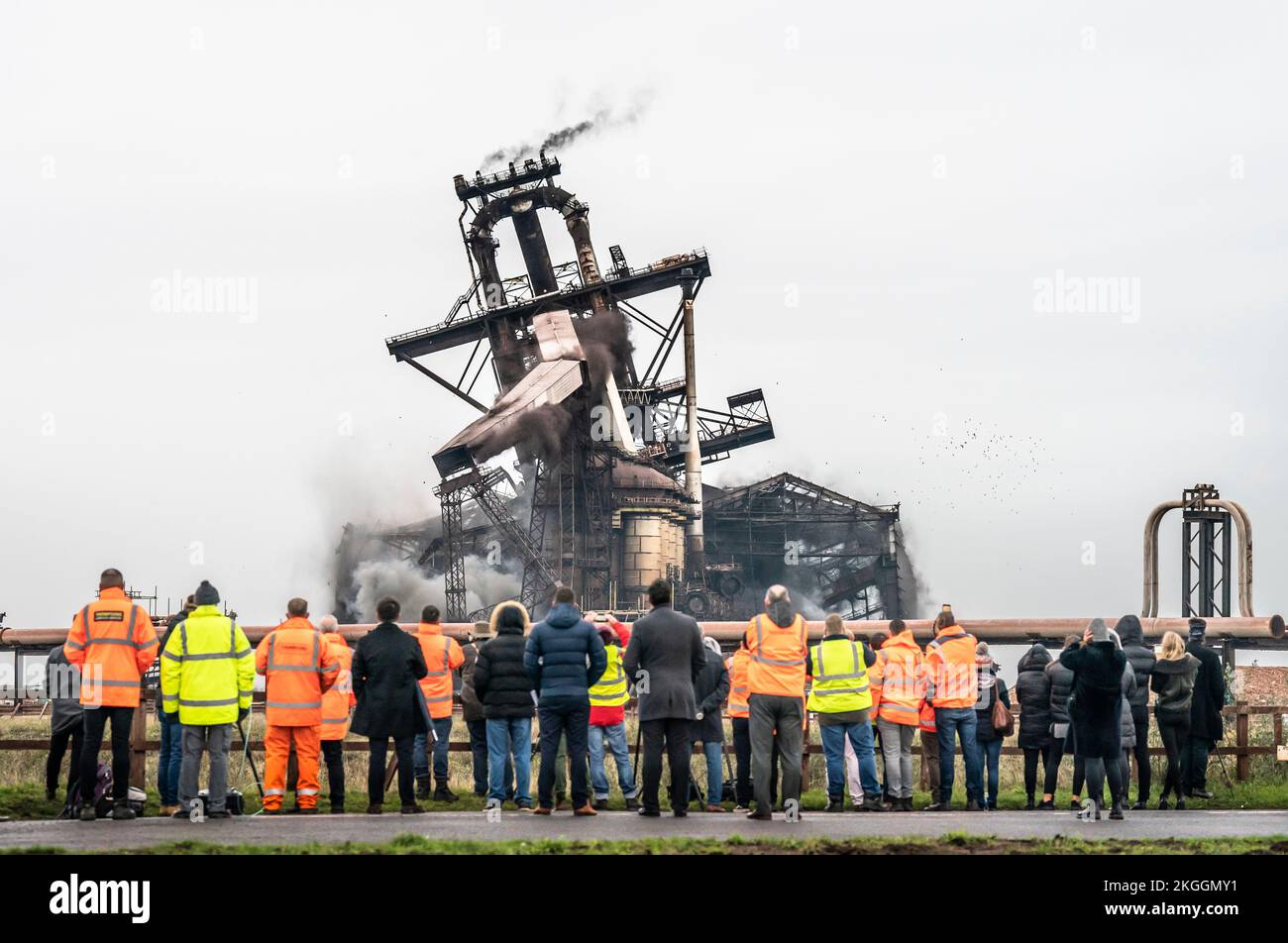 The Redcar Blast Furnace, Casting Houses, the Dust Catcher and Charge Conveyors, at the former steelworks site which have dominated the Teesside skyline for over four decades, are brought down by controlled explosion. Picture date: Wednesday November 23, 2022. Stock Photo