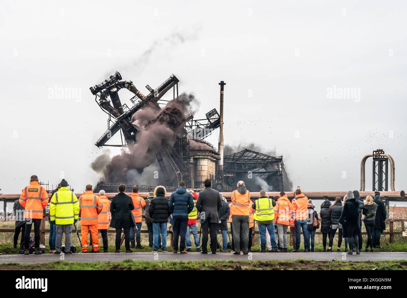 The Redcar Blast Furnace, Casting Houses, the Dust Catcher and Charge Conveyors, at the former steelworks site which have dominated the Teesside skyline for over four decades, are brought down by controlled explosion. Picture date: Wednesday November 23, 2022. Stock Photo