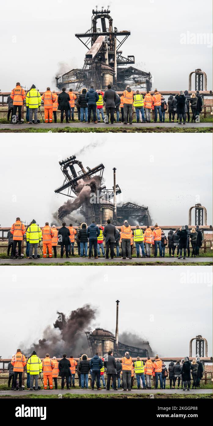 Composite image of the Redcar Blast Furnace, Casting Houses, the Dust Catcher and Charge Conveyors, at the former steelworks site which have dominated the Teesside skyline for over four decades, are brought down by controlled explosion. Picture date: Wednesday November 23, 2022. Stock Photo
