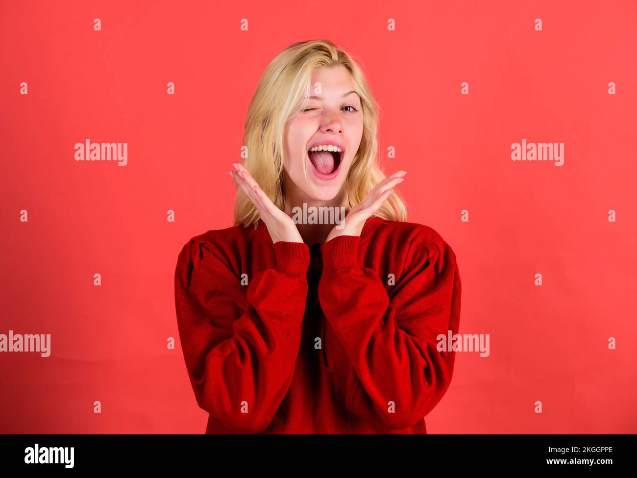 Christmas is coming soon. Lack of time. Surprised face blonde girl