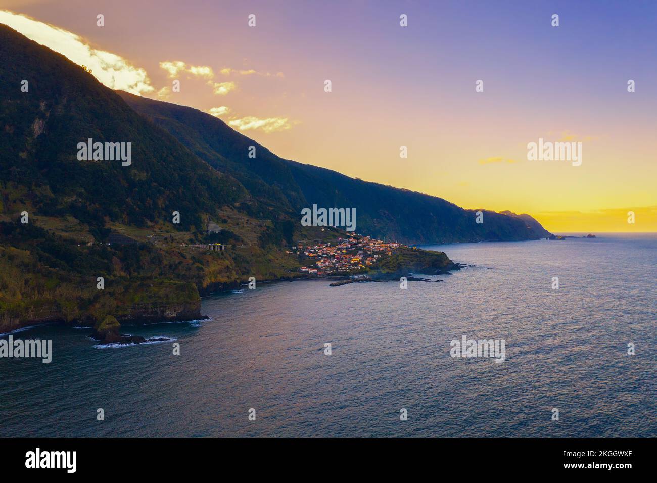 Aerial view of Seixal beach village on Madeira, Portugal at sunset Stock Photo